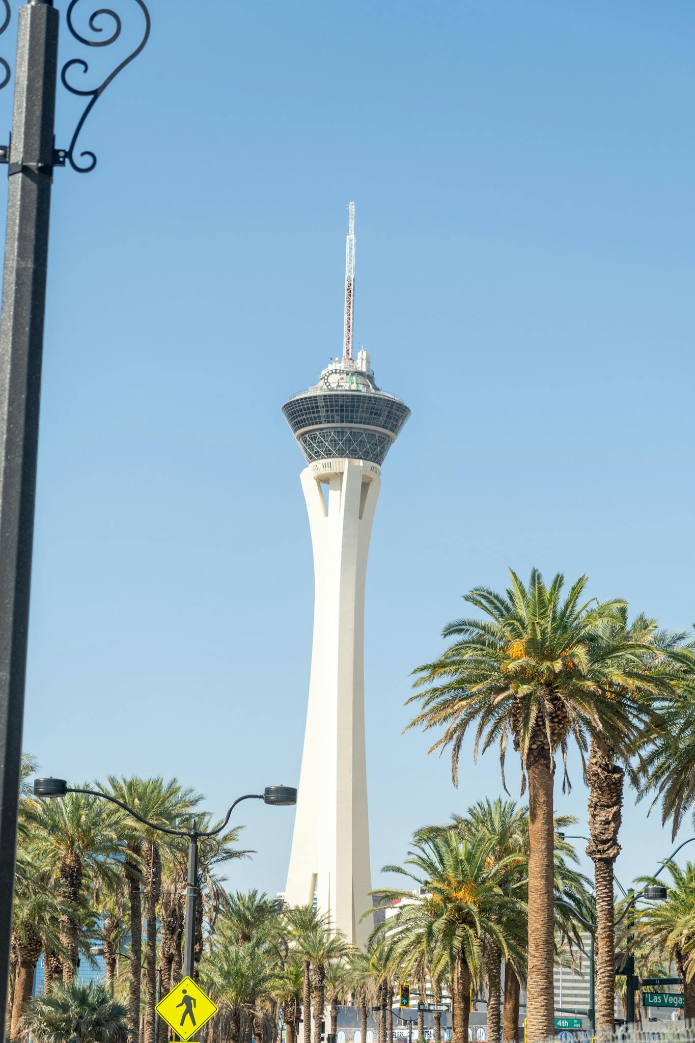 View of the iconic Stratosphere Tower in Las Vegas framed by palm trees under a clear blue sky.